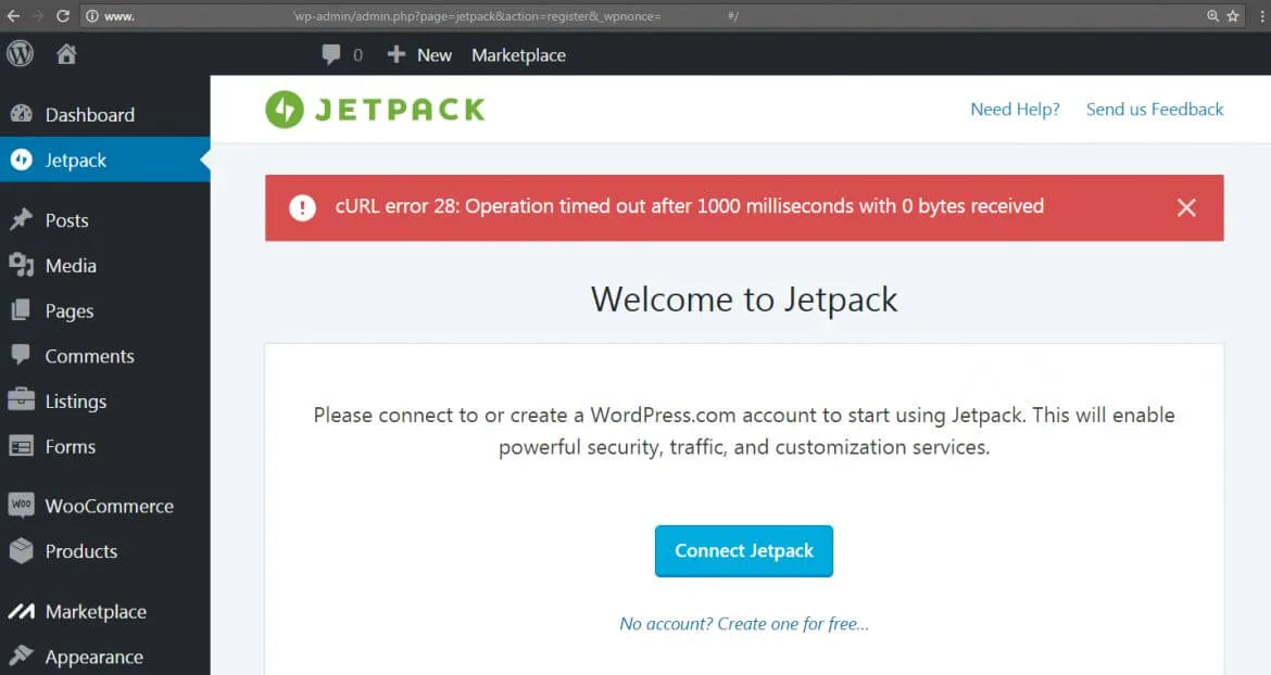WordPress Jetpack failed connection - cURL error 28: Operation timed out after 1000 milliseconds with 0 bytes received [SOLVED]