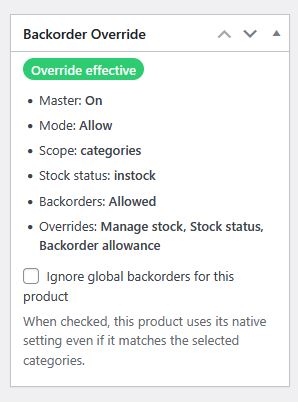 Individual product override settings panel for Backorder Manager for global backorder edits in WooCommerce