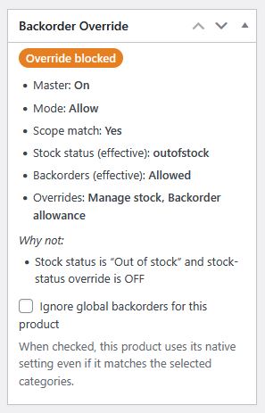 Individual product override settings panel for Backorder Manager for global backorder edits in WooCommerce