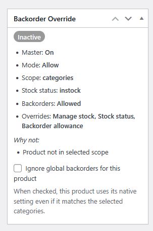 Individual product override settings panel for Backorder Manager for global backorder edits in WooCommerce