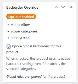 Individual product override settings panel for Backorder Manager for global backorder edits in WooCommerce
