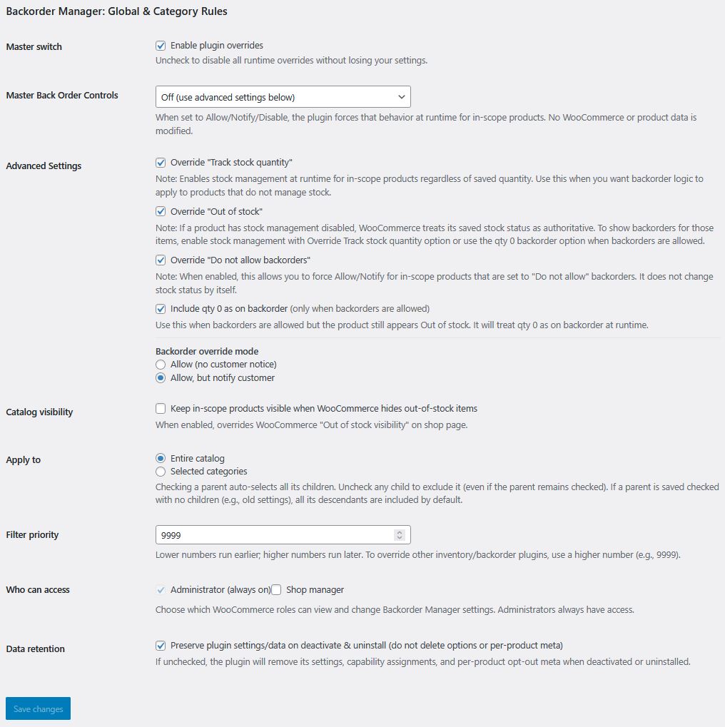 Main settings screen for Backorder Manager for WooCommerce which allows you to control backorders globally