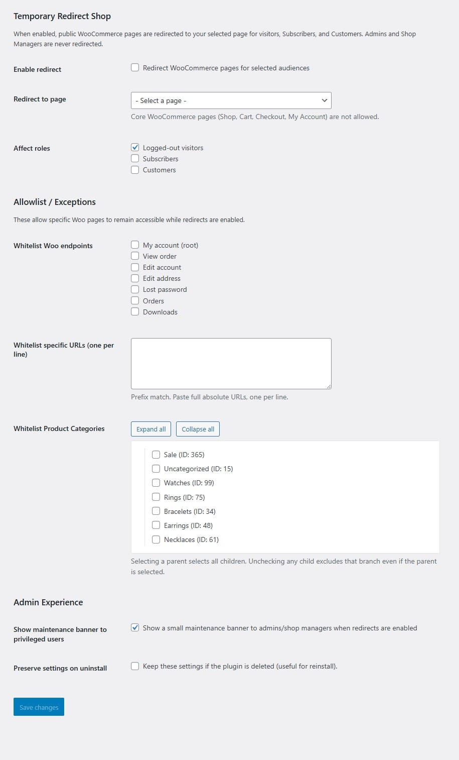 Temporary Redirect Shop plugin settings page for WooCommerce screenshot
